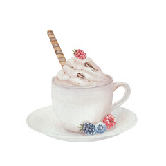White coffee cup with hot chocolate and cream with waffle tube, coffee beans, raspberries, blueberries, blackberries, saucer. Watercolor illustration isolated on white background. For menu design