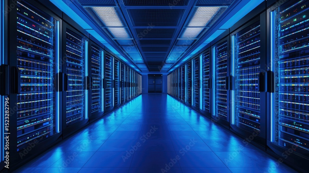 Poster Modern data center with rows of illuminated server racks under blue lighting, showing powerful network infrastructure and cloud computing environment for IT and cybersecurity use