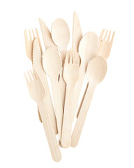 Biodegradable wooden bamboo single use cutlery utensils isolated cutout on transparent
