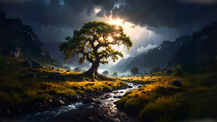 Majestic Tree in Valley with Dramatic Sky and Stream