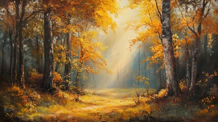 Obraz premium Autumn forest path bathed in sunlight (3)