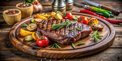 Grilled steak with roasted vegetables on a wooden platter