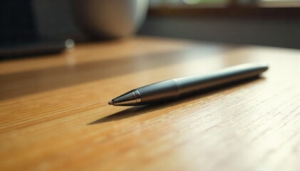 A close-up shot of a pen resting on a wooden desk indoors, surrounded by soft, natural light The pen's metallic sheen contrasts beautifully with the warm wood grain , still life, shadow
