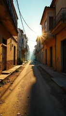 Obraz premium A long shadow stretches across a sun-drenched, deserted street, the quiet intensity of the midday heat palpable; a scene of stillness and mystery , concrete, shade