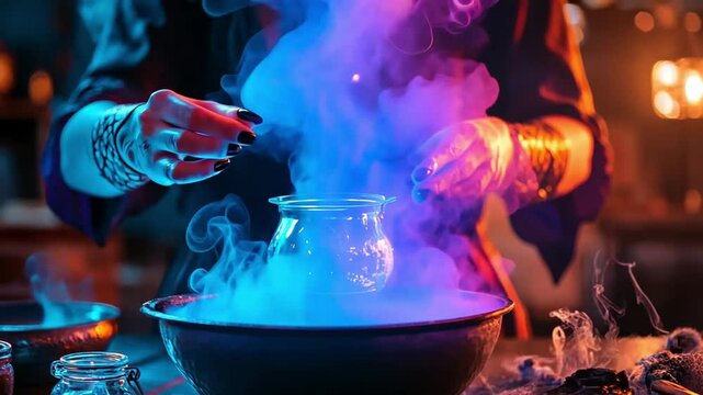 A witch brews a magical potion, enveloped in colorful smoke.