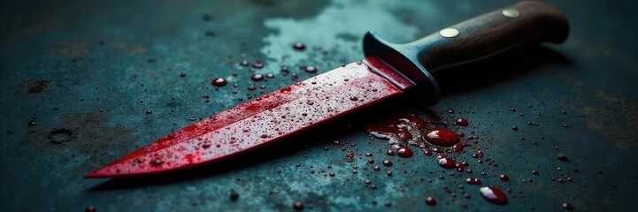 A close-up shot of a bloodied knife lying on a dark, textured surface; ominous shadows and details highlight the weapon's sharpness and the severity of the bloodstains , crime scene, dangerous, crime