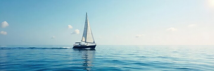 Fototapeta premium A lone sailboat gracefully glides across a vast expanse of open water, its white sails billowing in a refreshing breeze, leaving a gentle wake behind , sea, boat, movement