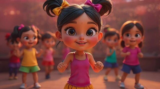 Energetic children's zumba dance class with smiling kids in colorful outfits under bright studio lights - fun and fitness concept