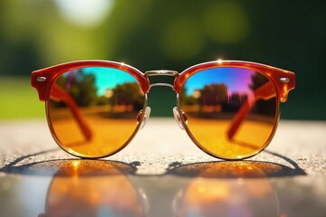 A pair of stylish sunglasses mirrored, reflecting a sunny outdoor scene Perfect for themes of friendship, unity, and shared experiences , bond, positive