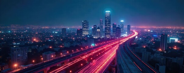 A futuristic cityscape at night, with glowing lines connecting buildings, symbolizing the interconnectedness of the internet, a digital web of information and communication , energy, data, night