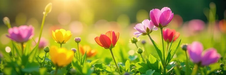 Fototapeta premium Close-up of vibrant spring wildflowers blooming in a lush meadow, bathed in soft sunlight; delicate petals and fresh green leaves showcase the beauty of natural springtime , fresh, flora