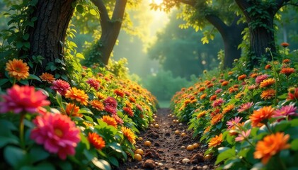 A lush garden overflowing with vibrant flowers and ripening fruits, representing abundance and growth; a metaphorical treasure unfolding over time , blooming, organic