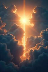 A single, ethereal light beam pierces through dark clouds, symbolizing hope and spiritual liberation Perfect for religious, spiritual, and inspirational themes , spiritual, hope, forgiveness