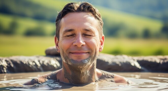 Man relaxing in rejuvenating healing mud bath in nature
