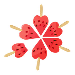 Heart shaped watermelon slices on sticks. Red watermelon. Hand drawn trendy flat style isolated icon on transparent background. three watermelon segments. For card, print, banner, packaging, label