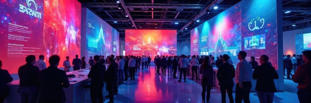 Attendees actively participate in a vibrant, technology-focused convention; interactive displays, networking, and engaging presentations fill the modern venue , information, technology expo