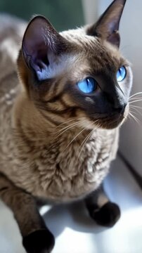 Focused portrait of a unique Cornish Rex cat with striking blue eyes and soft, curly fur looking upward with sunlight highlighting its features