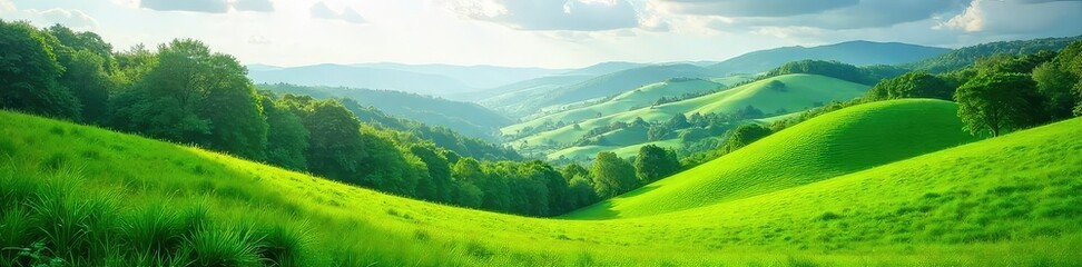 Obraz premium A vibrant, lush green landscape featuring rolling hills, abundant foliage, and a tranquil atmosphere Perfect for nature, environmental, and healthy living themes , healing, ecology