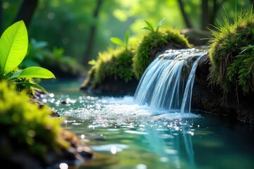 A vibrant, close-up shot of a natural spring overflowing with crystal-clear water, lush green plants surrounding the source, suggesting rejuvenation and healing , macro, spring water