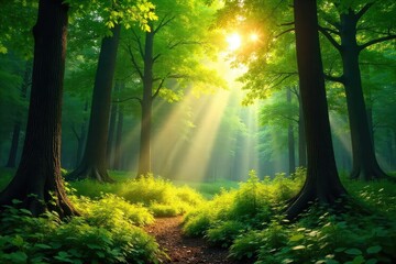 Golden sunlight streams through lush green canopy in a vibrant summer forest, illuminating dappled shadows on the forest floor Perfect for nature, ecology, and environmental themes , flora, summer