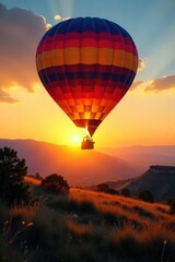 Fototapeta premium A vibrant hot air balloon gracefully ascends against a breathtaking sunrise, casting long shadows across a serene landscape Perfect for travel, adventure, and freedom themes , clouds, journey