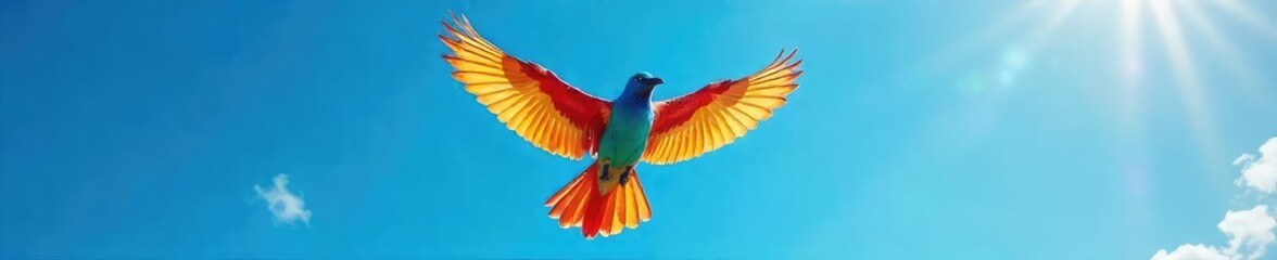 Obraz premium A vibrant, colorful bird takes flight, wings outstretched against a bright blue sky, symbolizing the boundless feeling of freedom The image evokes feelings of liberation and joy , free, wild