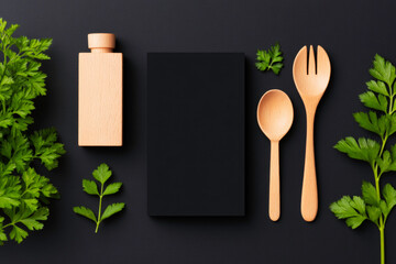 Minimalist black food menu mockup with rustic wooden elements
