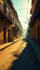 Obraz premium A long shadow stretches across a sun-drenched, deserted street, the quiet intensity of the midday heat palpable; a scene of stillness and mystery , vanishing point, building facade