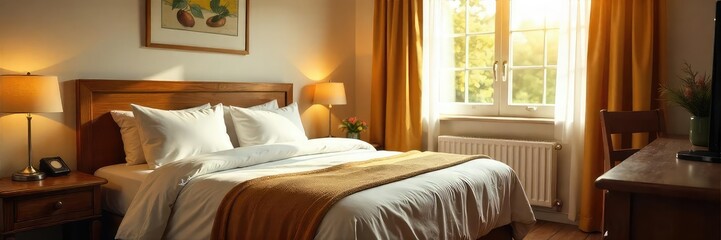 A warm and inviting motel room, freshly made bed, sunlight streaming through the window, clean and comfortable atmosphere, perfect for a relaxing stay , atmosphere, bed