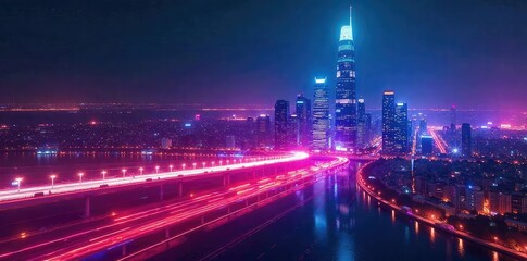 Abstract streaks of vibrant, glowing light paint a futuristic cityscape at night Sleek architectural forms are illuminated by dynamic, otherworldly energy pulses , bright, city lights