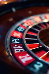 A close-up shot of a roulette wheel spinning, highlighting the vibrant colors and numbers, symbolizing the thrill and uncertainty of chance and risk , wheel, mathematics