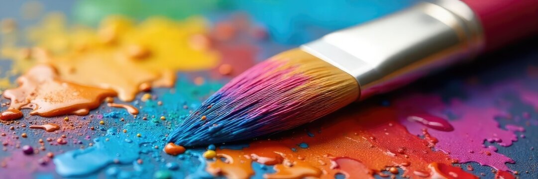 Close-up of a paintbrush with vibrant, colorful paint strokes still wet on its bristles, ready for artistic expression A tool for creativity and vivid color application , painting supplies, shade