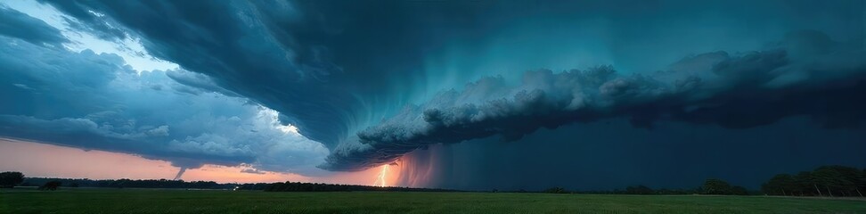 Fototapeta premium A dramatic, swirling vortex of dark clouds dominates the sky, heavy rain imminent The ominous atmosphere is punctuated by flashes of lightning in the distance , storm, atmospheric, sky