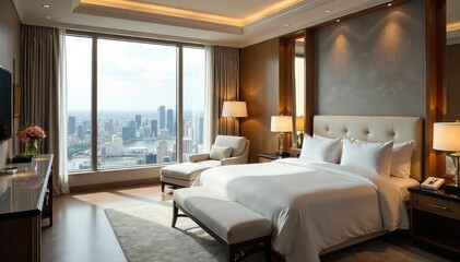 Opulent hotel suite boasting a plush king-size bed, marble bathroom, and breathtaking city views from a large window Enjoy the ultimate in luxury and comfort , cityscape, skyline