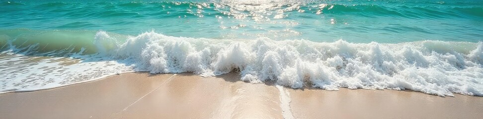 Ocean waves crashing on a sandy beach, sea foam, sunlight reflecting on water Dynamic coastal scene, perfect for travel, nature, and environmental themes , movement, texture