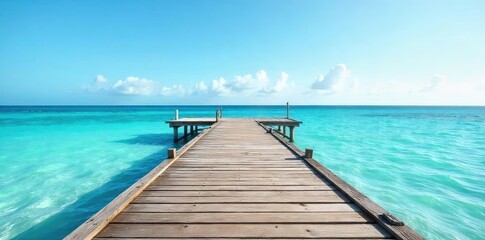 Obraz premium Rustic wooden pier extending into calm, blue ocean water under a clear sky Perfect for travel, vacation, or coastal themed projects , relaxing, dock, holiday