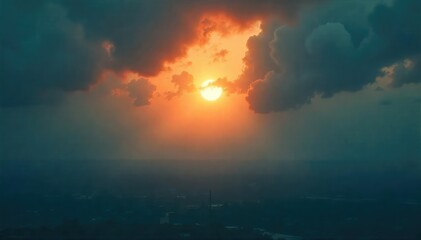 Dark, ominous clouds heavy with pollution, a hazy, smog-filled sky obscuring the sun, depicting environmental pollution and air quality issues , weather, smog, cityscape