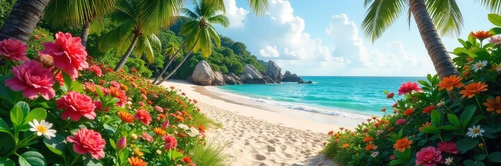 Fototapeta premium Serene coastal garden overflowing with vibrant blooms, lush greenery, and sandy beach in the background Perfect for relaxation, travel, and nature themes , serenity, peaceful, shore