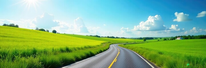 Fototapeta premium Serene countryside road winding through lush green fields under a vibrant blue sky, sunlight dappling the asphalt Perfect for travel, nature, and landscape projects , scenic, road, sky