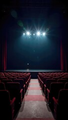 Fototapeta premium Empty bleachers in a theater, spotlight shining on the empty stage, ready for a performance A dramatic, atmospheric scene perfect for arts and entertainment concepts , venue, musical
