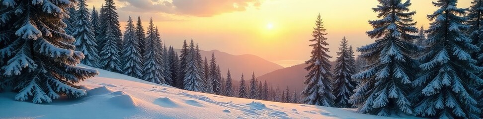 Naklejka premium Serene landscape featuring towering pine trees, bathed in soft sunlight Perfect for nature, winter, or Christmas themes Ideal for websites, blogs, and print projects , conifer, pine trees, branches