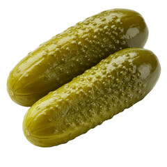 Two crunchy pickled cucumbers with a glossy surface, tangy and juicy, isolated on white.