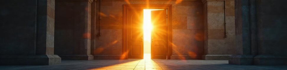 A partially open door reveals a sunlit church interior, symbolizing a transition into faith and spirituality Perfect for concepts of hope, new beginnings, and spiritual journeys , holy, prayer