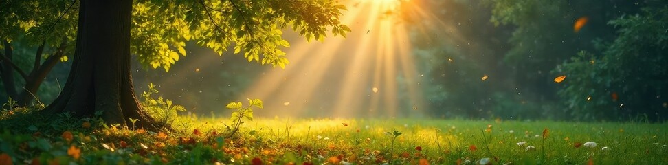 Obraz premium Serene landscape transformed by a gentle, sunlit rain shower; glistening leaves, vibrant colors, peaceful atmosphere Perfect for nature, weather, serenity themes , shower, glistening, idyllic