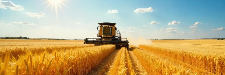 Fototapeta premium A large barley harvester in a vast golden field, harvesting ripe barley under a bright sunny sky The machine efficiently gathers the crop, leaving neat rows behind , ripe, landscape, combine