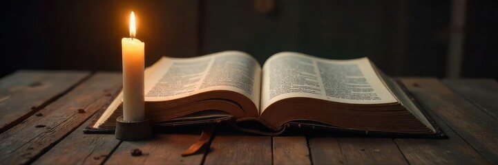 Obraz premium A single, flickering candle illuminates a worn, open bible on a rustic wooden table Peaceful light symbolizes spiritual hope and faith, suggesting solace and redemption , holy book, spiritual, hope