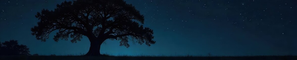 Naklejka premium Silhouette of a majestic oak tree against a deep black night sky, stars twinkling faintly Perfect for moody nature, Halloween, or fantasy themes , woods, wilderness