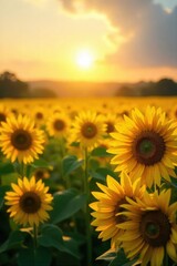 Obraz premium Golden hour sunlight bathes a vibrant yellow field of sunflowers, creating a stunning display of nature's beauty Perfect for summer, nature, and growth themes , yellow, leaf, development