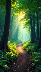 Fototapeta premium A winding, sun-dappled path meanders through a lush forest, creating a magical, mysterious atmosphere Sunlight filters through the leaves, illuminating the path ahead , road, mysterious, path