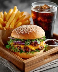 A delicious cheeseburger with fresh toppings is served on a wooden tray alongside crispy french fries and a refreshing glass of dark soda with ice cubes displayed nicely.